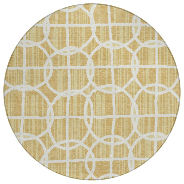 HomeRoots 8 Foot Round Geometric Polyester Rug Washable Stain Resistant Indoor Outdoor Gold 740726