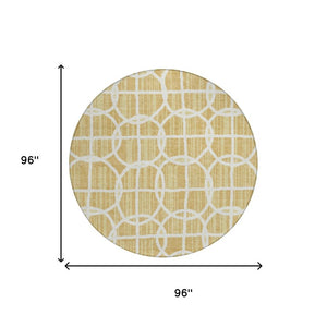 8 Foot Round Geometric Polyester Rug Washable Stain Resistant Indoor Outdoor Gold