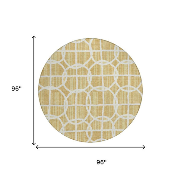 8 Foot Round Geometric Polyester Rug Washable Stain Resistant Indoor Outdoor Gold