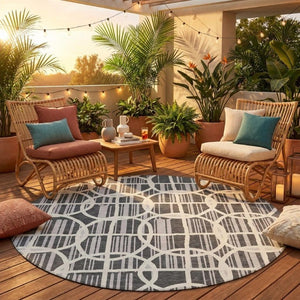 8 Ft Round Graphite Gray Geometric Polyester Washable Rug for Patio or Family Room