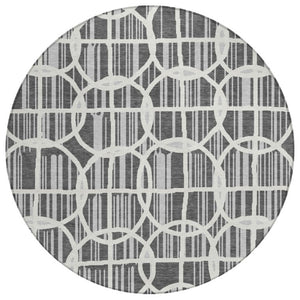HomeRoots 8 Ft Round Graphite Gray Geometric Polyester Washable Rug for Patio or Family Room 740732