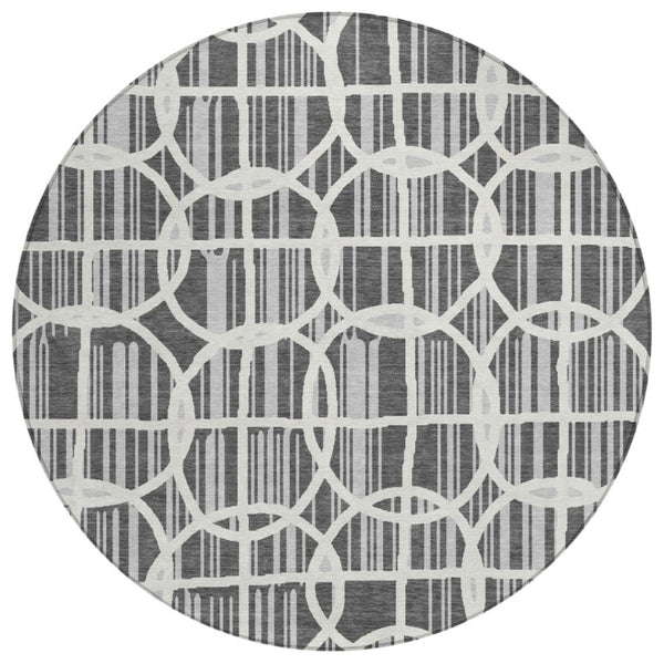 HomeRoots 8 Ft Round Graphite Gray Geometric Polyester Washable Rug for Patio or Family Room 740732