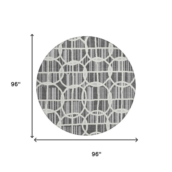 8 Ft Round Graphite Gray Geometric Polyester Washable Rug for Patio or Family Room