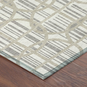 5x8 Geometric Ivory Silver Polyester Indoor Outdoor Rug Stain Resistant Washable