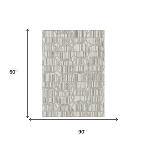 5x8 Geometric Ivory Silver Polyester Indoor Outdoor Rug Stain Resistant Washable