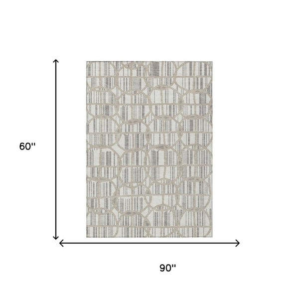 5x8 Geometric Ivory Silver Polyester Indoor Outdoor Rug Stain Resistant Washable