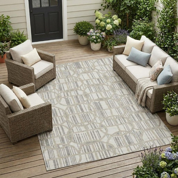 10 X 14 Ivory Silver Geometric Polyester Washable Rug for Patio Porch or Living Room
