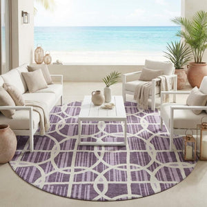 8 Foot Round Geometric Polyester Area Rug Washable Plum Purple Indoor Outdoor