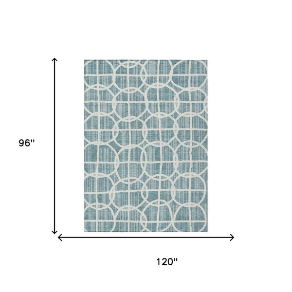 8 X 10 Teal Geometric Polyester Area Rug Washable for Patio Porch or Living Room