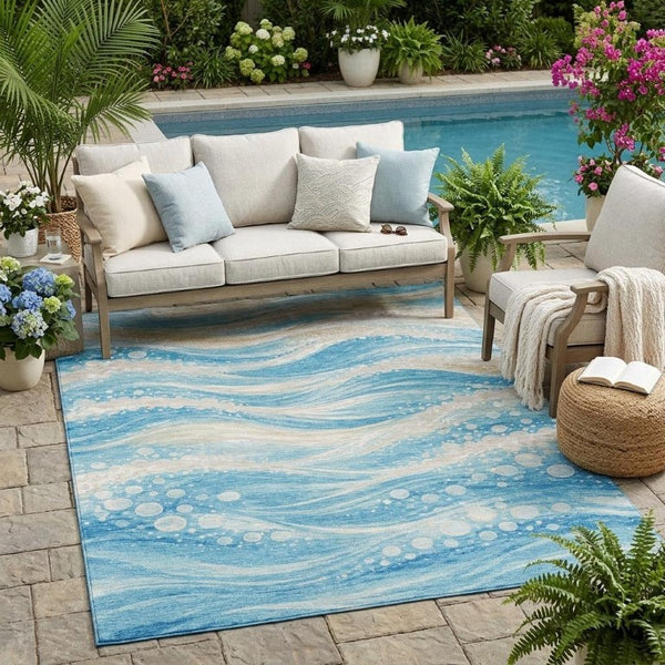 5 X 8 Sky Blue Abstract Polyester Area Rug Washable Indoor Outdoor Patio