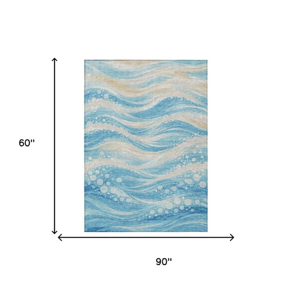 5 X 8 Sky Blue Abstract Polyester Area Rug Washable Indoor Outdoor Patio