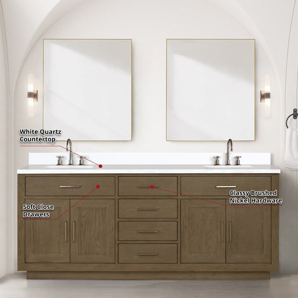 English Elm Grey Oak Double Bath Vanity Set With White Quartz Top, Faucets & Two 36” Mirrors For Modern Spaces B2731S01812