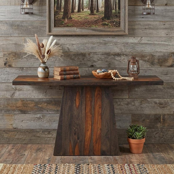57 Inch Solid Wood Pedestal Console Table in Rich Mahogany for Entryway Decor