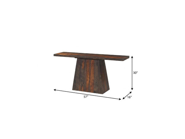 57 Inch Solid Wood Pedestal Console Table in Rich Mahogany for Entryway Decor