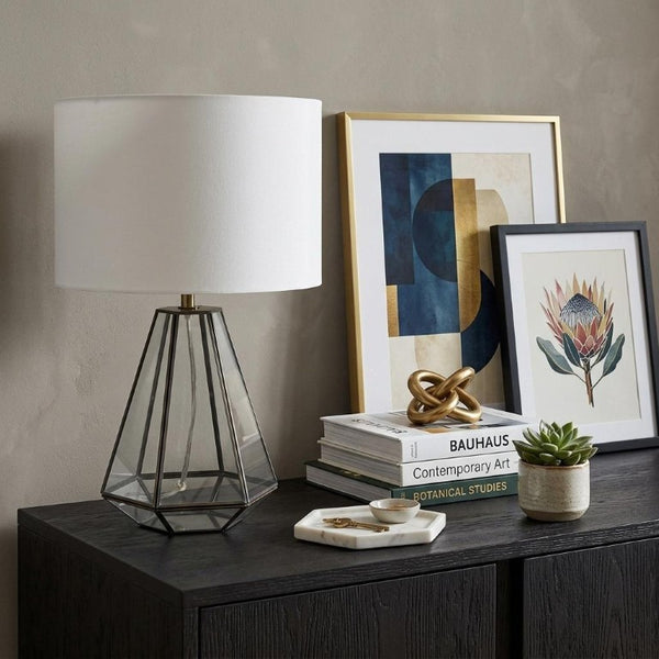 18 Inch Geometric Glass Table Lamp with Brass Metal Base and Cylindrical Drum Shade