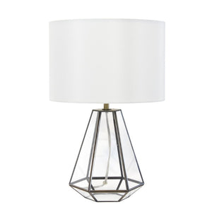 HomeRoots 18 Inch Geometric Glass Table Lamp with Brass Metal Base and Cylindrical Drum Shade 740783