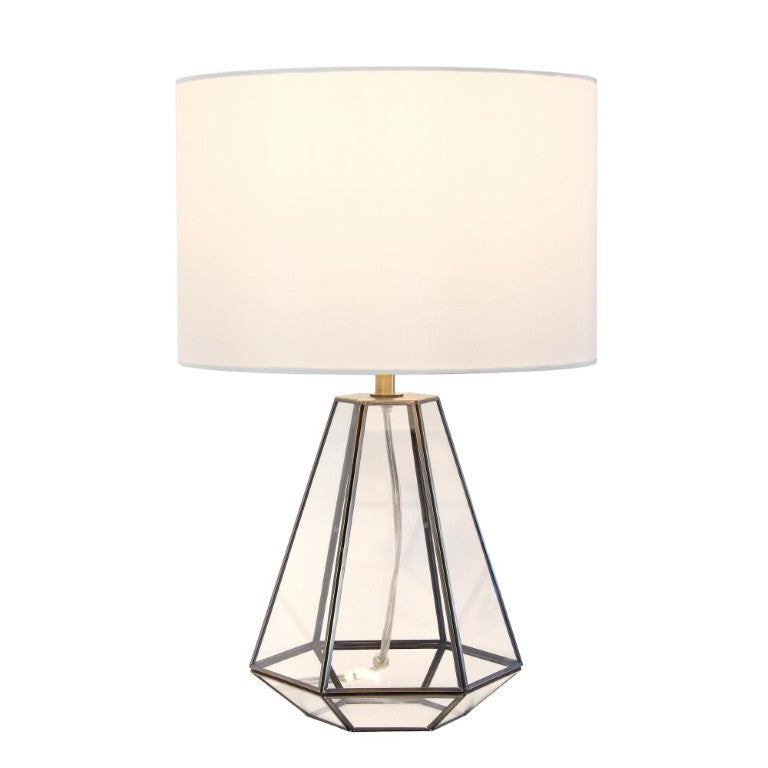 HomeRoots 18 Inch Geometric Glass Table Lamp with Brass Metal Base and Cylindrical Drum Shade 740783