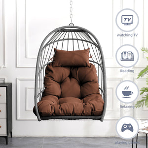 English Elm Outdoor Egg-shaped Hanging Chair with Stand - Cozy Cushioned Swing, Sturdy 350 lb Frame, Indoor/Patio Use Brown+Gray W2500P309626