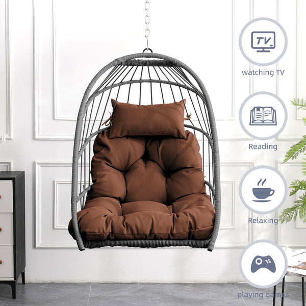 English Elm Outdoor Egg-shaped Hanging Chair with Stand - Cozy Cushioned Swing, Sturdy 350 lb Frame, Indoor/Patio Use Brown+Gray W2500P309626
