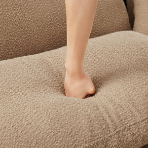 English Elm Boucle 3-Seater Sofa With Sculptural Shell Armrests, Plush Coffee Fabric, And Modern Cylindrical Legs W3041S00284