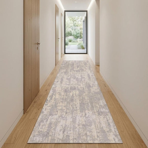 Gray Ivory Abstract Polypropylene Runner Rug Stain Resistant for Hallway and Entryway Decor