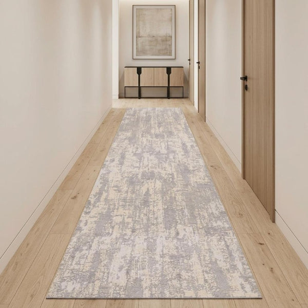 Gray Ivory Abstract Polypropylene Runner Rug Stain Resistant for Hallway and Entryway Decor