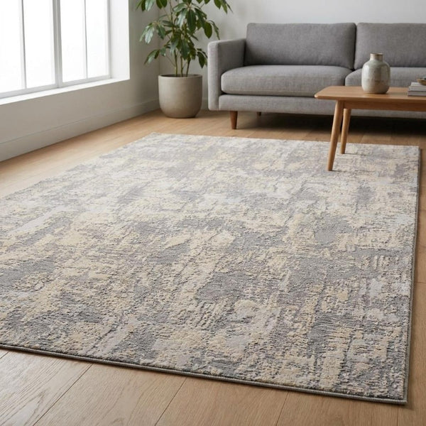 19 Foot Gray Ivory Abstract Polypropylene Runner Rug Stain Resistant Hallway
