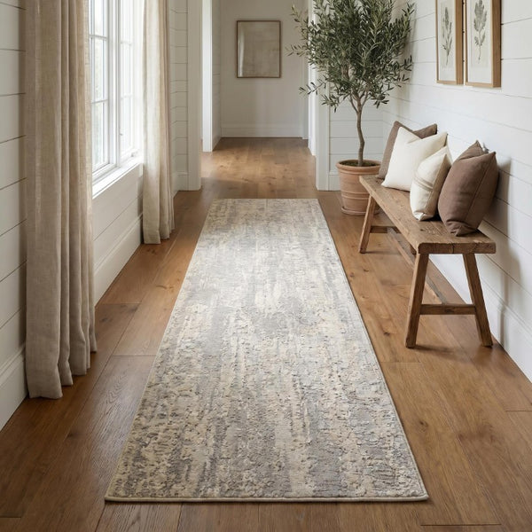 HomeRoots 14 Foot Abstract Gray Ivory Polypropylene Runner Rug Stain Resistant Hallway Accent 740862