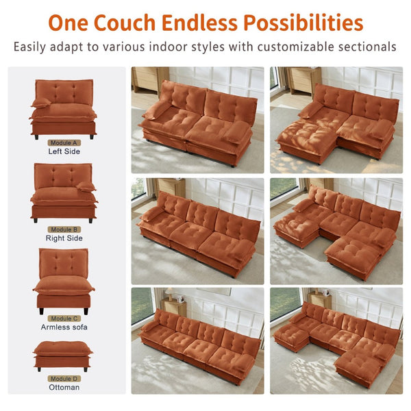 English Elm 138" U-shaped Chenille Cloud Sectional with Ottomans Deep Seat Modular Living Room Sofa Orange W714S01742