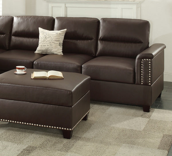 English Elm New Contemporary 3-PCS Reversible Sectional Sofa Set Espresso Faux Leather Chaise Ottoman Pillows Trimmed Studs B011S01062