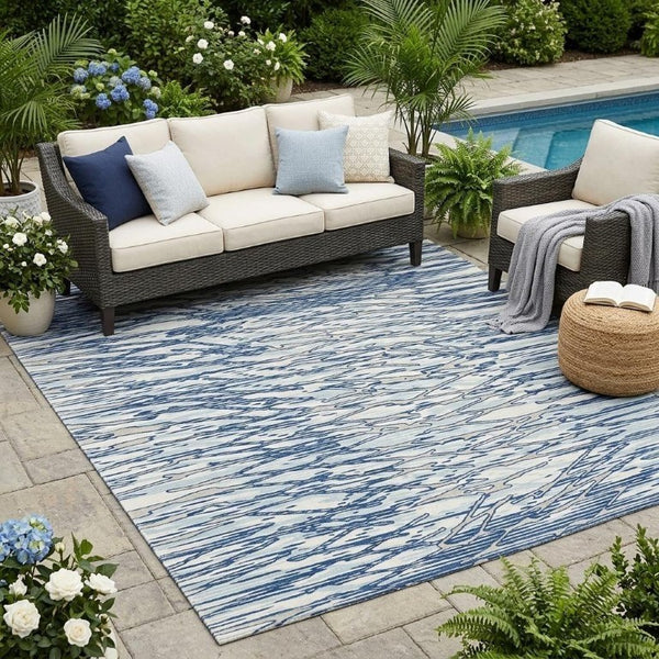 5 X 8 Abstract Blue Silver Polyester Area Rug Washable for Patio or Living Room