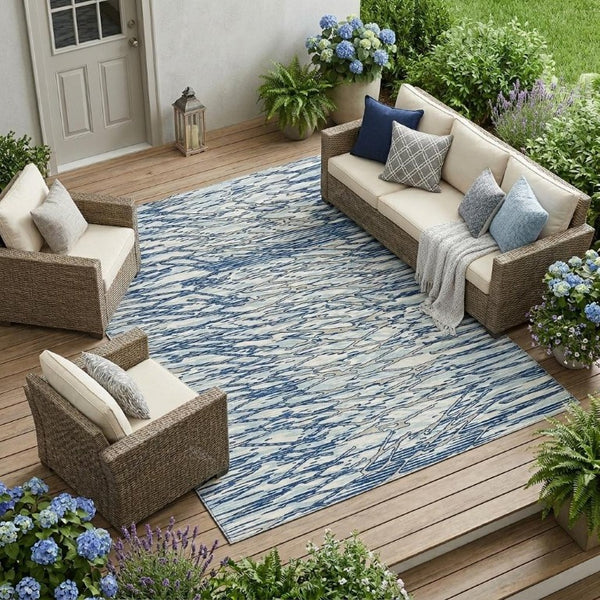 9 X 12 Blue Silver Abstract Polyester Area Rug Washable for Patio or Living Room