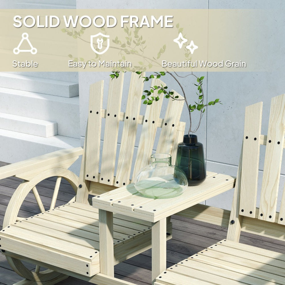 English Elm Outsunny Rustic Fir Wood 2 Seat Garden Bench with Wagon Wheel Legs and Center Table W2225P485566