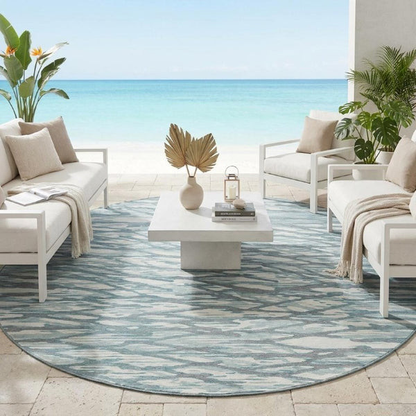 8 Foot Round Abstract Polyester Area Rug Washable Teal Geometric Indoor Outdoor