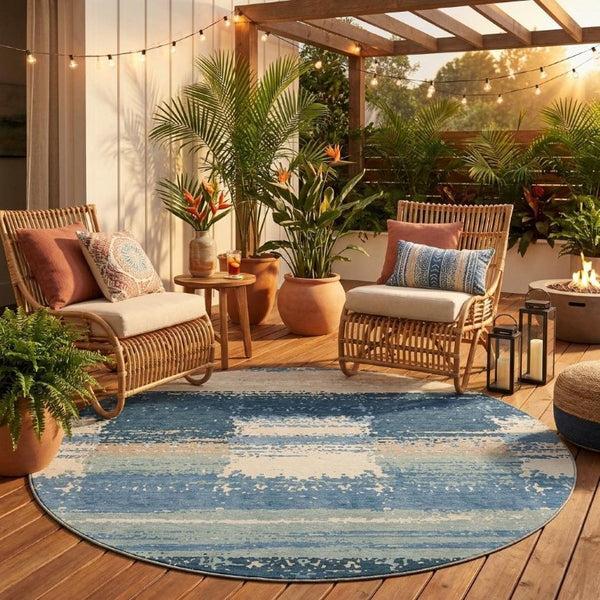 8 Foot Round Geometric Polyester Rug Washable Denim Blue for Indoor Outdoor Use