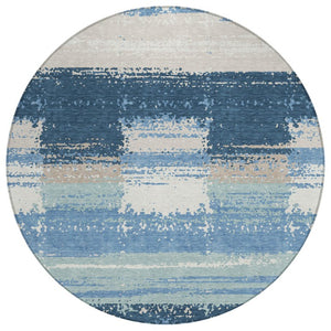 HomeRoots 8 Foot Round Geometric Polyester Rug Washable Denim Blue for Indoor Outdoor Use 740969