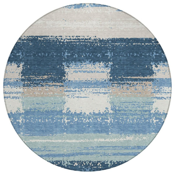 HomeRoots 8 Foot Round Geometric Polyester Rug Washable Denim Blue for Indoor Outdoor Use 740969
