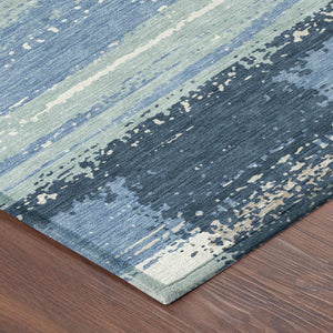 8 Foot Round Geometric Polyester Rug Washable Denim Blue for Indoor Outdoor Use