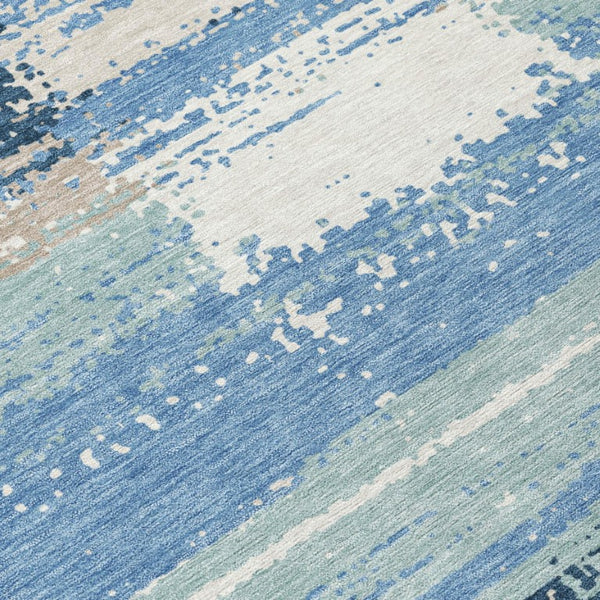 8 Foot Round Geometric Polyester Rug Washable Denim Blue for Indoor Outdoor Use