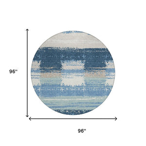8 Foot Round Geometric Polyester Rug Washable Denim Blue for Indoor Outdoor Use