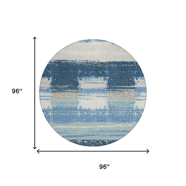 8 Foot Round Geometric Polyester Rug Washable Denim Blue for Indoor Outdoor Use
