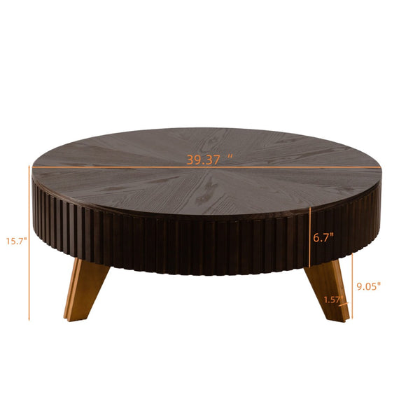 English Elm 39.37" Round Retro Coffee Table with Storage Mdf Top Solid Wood Legs Living Room W757P379484