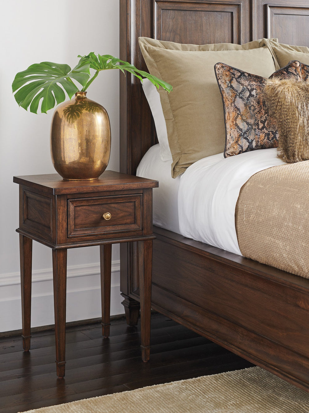 Lexington Surrey Night Table With Soft Close Drawer, Tapered Legs & Artisan Maritime Brass Finish Design Montecito  740-622