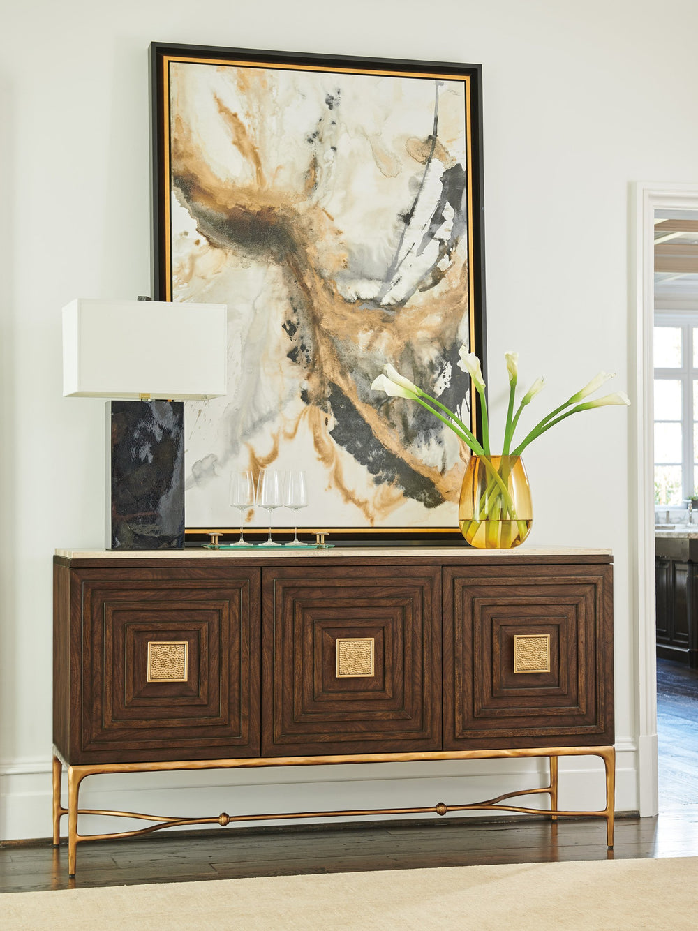 Lexington Tiburon Sideboard With Artisan Metal Base And Tiger Brown Travertine Top For Elegant Storage Solutions Montecito  740-869c
