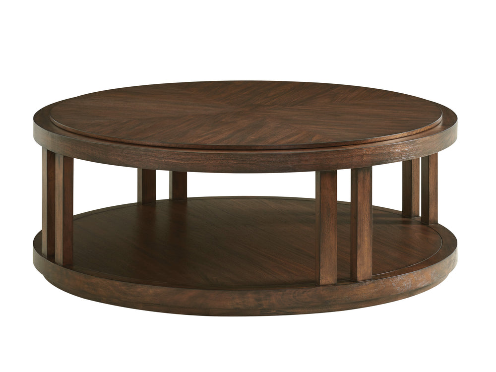 Lexington Stinson Round Cocktail Table - Elegant Transitional Design With Walnut Veneer And Artisan Metal Base Montecito  740-949