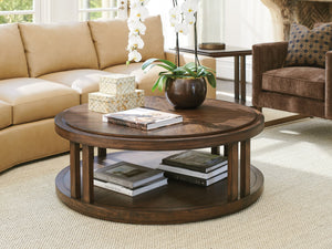 Lexington Stinson Round Cocktail Table - Elegant Transitional Design With Walnut Veneer And Artisan Metal Base Montecito  740-949