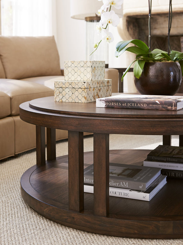Lexington Stinson Round Cocktail Table - Elegant Transitional Design With Walnut Veneer And Artisan Metal Base Montecito  740-949