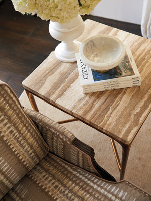 Lexington Menlo Park Metal End Table With Unique Tiger Brown Travertine Top And Artisan Maritime Brass Finish Montecito  740-955