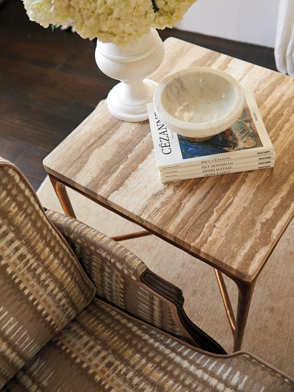 Lexington Menlo Park Metal End Table With Unique Tiger Brown Travertine Top And Artisan Maritime Brass Finish Montecito  740-955