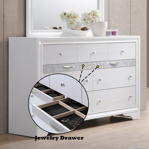 English Elm Naima Textured Finish Dresser with Felt-Lined Jewelry Drawer, Smooth Metal Glides & Silver Pulls White 66 L x 20 W x 43 H B2726P261240